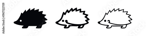 Cute hedgehog animal icon set in various styles, spiny forest mammal symbol vector illustration