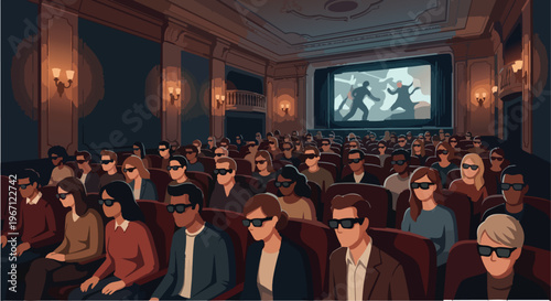 Wide angle vector illustration of a diverse audience sitting in a classic, ornate movie theater wearing 3D glasses. The spectators are focused on a large screen displaying an action scene. The interio