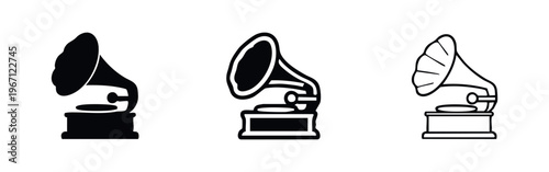 Vintage gramophone music player icon set in various styles, retro sound symbol vector illustration