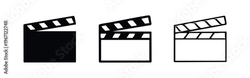 Movie clapboard icon set in various styles, vector illustration isolated on white background.