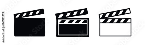 Movie clapboard icon set in various styles, vector illustration isolated on white background.