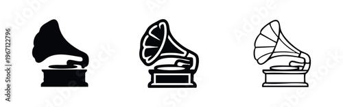 Retro gramophone music player icon set in various styles, classic sound symbol vector illustration