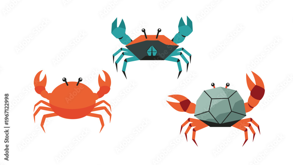 Fototapeta premium Collection of three stylized crab icons with different colors and geometric patterns representing various marine life and seafood species.