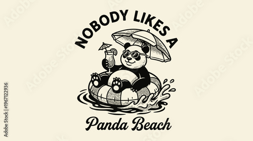 Panda on inflatable raft relaxing outdoors.