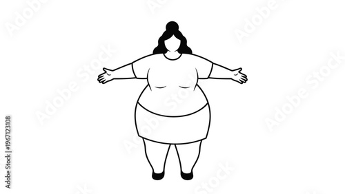 Simple black and white outline of a plus-size woman standing with her arms outstretched representing body positivity and self-acceptance.
