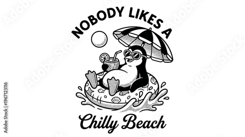 Penguin on inflatable beach float.