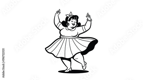 Joyful woman in a vintage style dress is shown dancing happily in a classic black and white line art illustration.