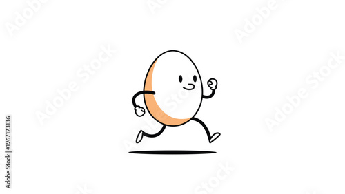 Whimsical cartoon character of a white egg with arms and legs running quickly across a simple flat surface with a happy expression.