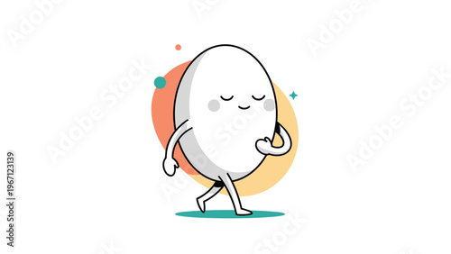 Cute cartoon egg character walking peacefully with its eyes closed against an abstract background of colorful circles and stars.