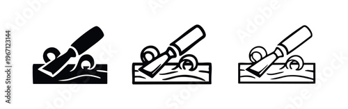 Chisel and wood icon set, woodworking tool symbols for carpentry and craft projects with shavings.