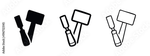 Chisel and hammer tool icon set, essential woodworking and construction symbols for manual work.