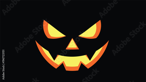 Spooky carved jack-o-lantern face with glowing orange and yellow light shines brightly against a solid black background.