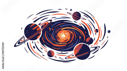 Vibrant stylized galaxy illustration depicts a central swirling sun surrounded by multiple planets and orbiting rings.