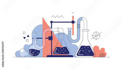 Modern laboratory setup features glass flasks and beakers connected by tubes with chemical liquids in shades of blue and red.