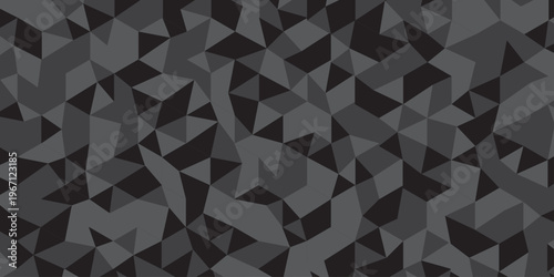 Abstract geometric black and gray background seamless mosaic and low polygon triangle texture wallpaper. Triangle shape retro wall grid pattern geometric ornament tile vector square element.