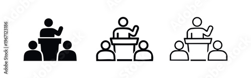 Speaker at podium with audience icon set, public speaking and presentation symbols for conferences.