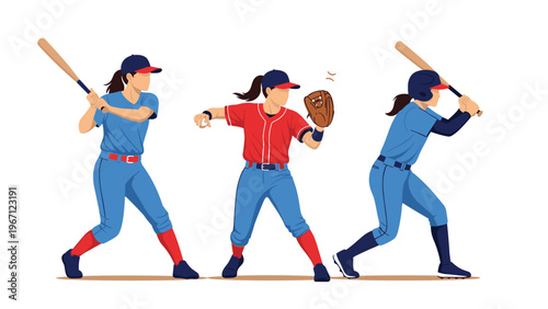Three female softball players demonstrate different actions including batting, pitching, and fielding on the diamond.