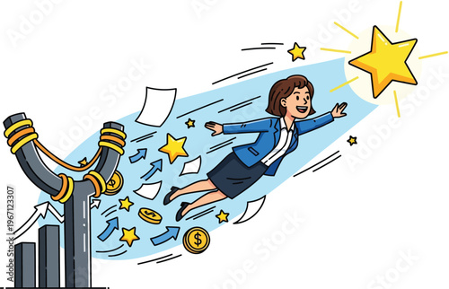 Businesswoman launching from a slingshot towards a glowing star, a dynamic vector illustration of career ambition and success. Professional woman achieving goals