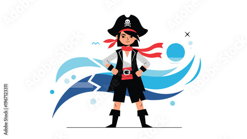 Brave young pirate girl with a skull and crossbones hat stands with her hands on her hips against blue ocean waves.