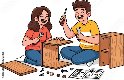 Happy couple assembling furniture, DIY home improvement project, smiling man and woman building wooden cabinet, flat cartoon vector illustration for household tasks and teamwork