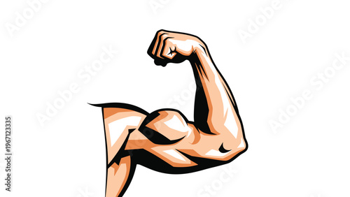 Muscular male arm is shown flexing a powerful bicep in a dynamic illustration with strong shadows and bold outlines.