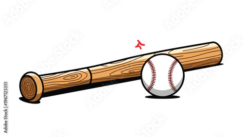 Wooden baseball bat lies next to a white baseball with red stitching in a classic sports equipment illustration.
