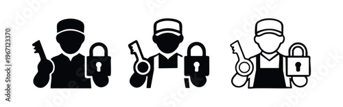 Locksmith service icon set. Avatar holding a key and padlock, representing security and repair.