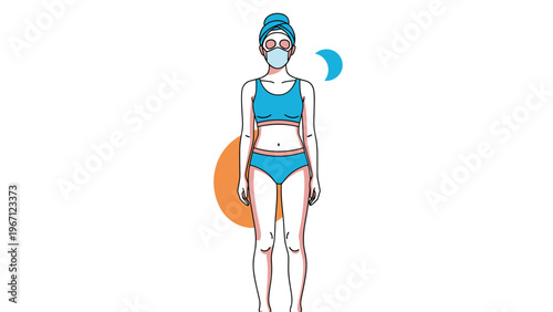 Illustration of a woman in blue fitness attire wearing a protective face mask with sun and moon symbols representing daily routine.