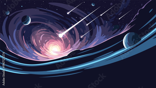 Dynamic cosmic illustration of a swirling galaxy vortex with falling meteors and distant planets in deep outer space.