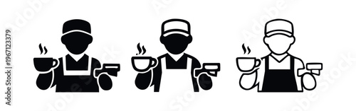 Barista service icon set. Avatar holding a hot coffee cup and a payment terminal, representing coffee shop services.
