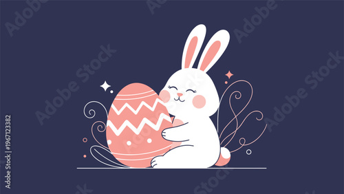 Adorable white Easter bunny hugging a large pink decorated egg with intricate white patterns on a dark blue background with festive sparkles.