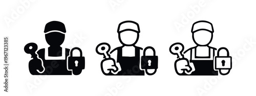 Locksmith professional icon set. Person avatar with key and padlock, symbolizing security and opening services.