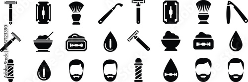 Silhouette barber shop icons set. Men's grooming tools, shaving razor, beard care, and hair salon equipment vector illustration