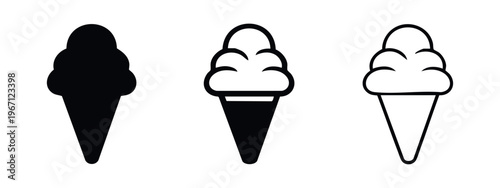 Ice cream cone icon set. Classic triple scoop ice cream in a waffle cone.