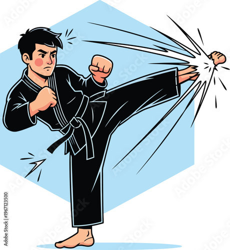 Dynamic martial arts vector illustration, powerful karate kick, self-defense training, combat sports, athletic discipline, fitness and strength