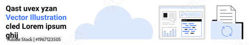Cloud services, data storage, file sharing, technology, internet communication, digital collaboration. Cloud graphic with web interface and digital file icons. Cloud services and data storage concept