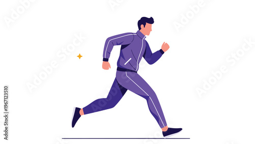 Man in a purple tracksuit jogging or running with a determined expression in a flat vector illustration style.