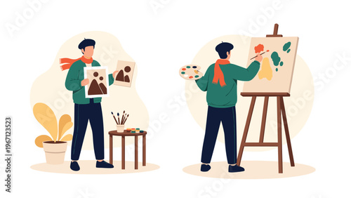 Creative artist in a beret and scarf standing next to an easel painting a landscape and showing finished artwork on paper.