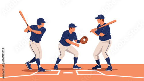 Trio of baseball players in blue uniforms including batters and a catcher engaged in different actions on a field.