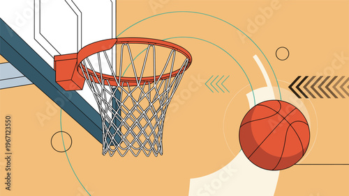 Dynamic scene showing a basketball flying towards a red rim and net with graphic elements on an orange background.