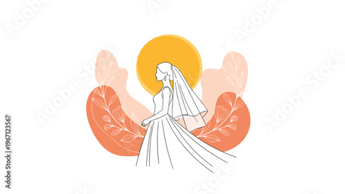 Elegant silhouette of a bride in a wedding gown and veil set against a sun-like circle and soft orange floral elements.
