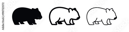 Cute Wombat Icon Set - Australian Animal Silhouette and Outline Vector