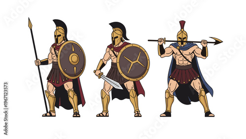 Collection of three ancient Greek hoplite soldiers in golden armor equipped with shields, long spears, and sharp swords.