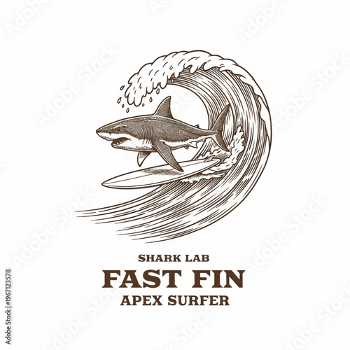Shark Riding Surfboard Ocean Wave.