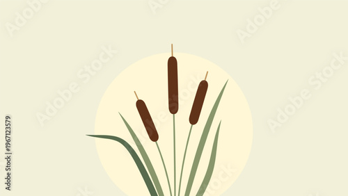 Group of brown cattails with long green leaves growing in front of a pale yellow sun-like circle in a minimalist nature setting.
