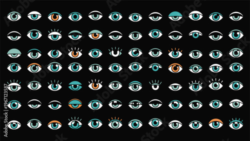 Large grid showing many stylized human eye icons in different colors and shapes on a solid black background for graphic design.