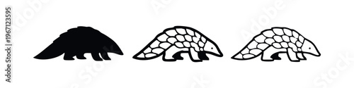 Pangolin Icon Set - Endangered Scaly Mammal Silhouette and Outline Vector