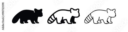 Raccoon Red Panda Icon Set with Striped Tail - Flat and Line Art Vectors