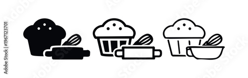 Home Baking Icons Set with Cupcake, Whisk, Bowl, and Rolling Pin Elements