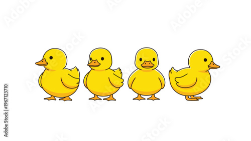 Four identical yellow rubber ducky toys standing in a row in various side and front-facing views for children play time.